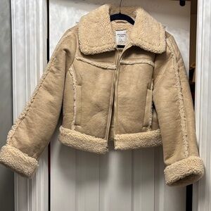 Abercrombie Suede Sherpa-Lined Aviator Jacket - Cream